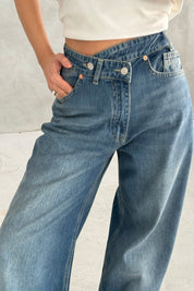 Mavi Asimetrik Düğmeli Kot Baggy Pantolon SY-3463-Mavi