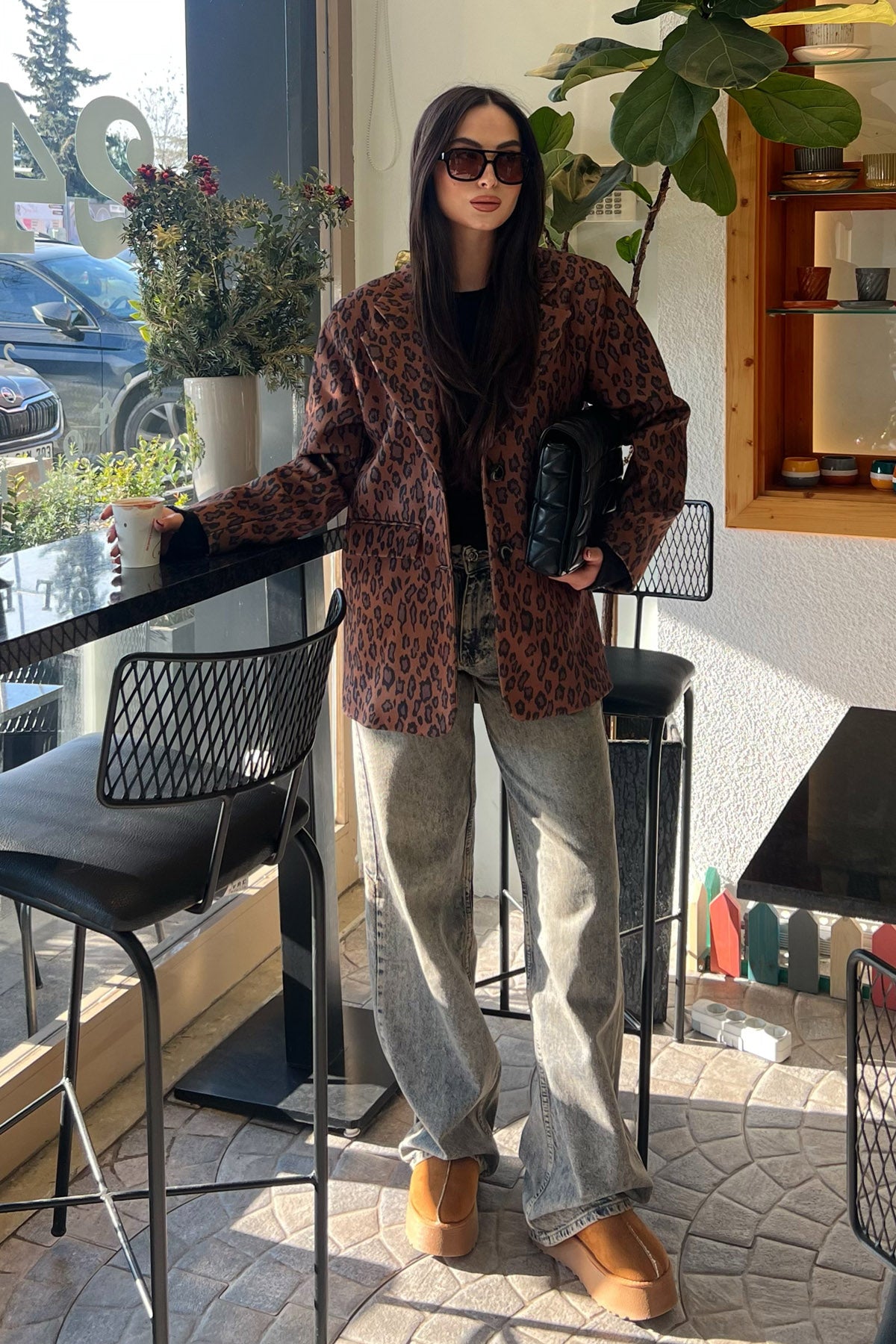 Kahverengi Leopar Desenli Çift Düğmeli Ceket SY-2533-Kahverengi