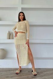 Krem Delikli Triko Bluz ve Etek Takım SY-0482-Krem