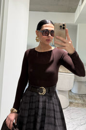 Kayık Yaka Kaşmir Kahve Transparan Body SY-3425-Kahve