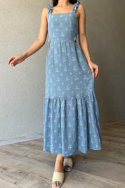 Mavi Desenli Kolu Fırfırlı Bağlamalı Elbise SY-2347-Mavi