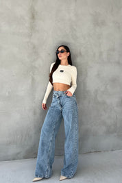 Açık Mavi Çapraz Düğme Detay Bol Paça Jean SY-2683-Açık Mavi