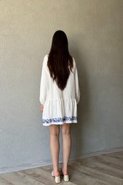 Beyaz Nakış Detaylı Keten Elbise SY-2043-Beyaz