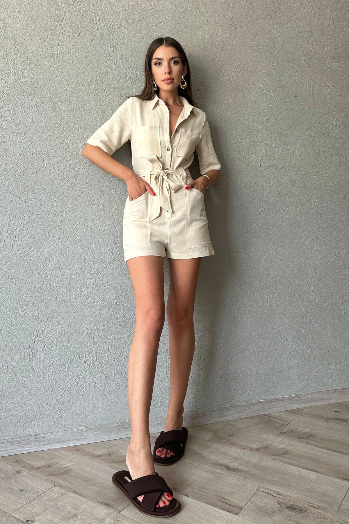 Naturel Düğmeli Kuşaklı Kısa Tulum SY-0563-Naturel