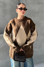 Açık Kahve Baklava Desenli Yakalı Kazak SY-1302-Açık Kahve