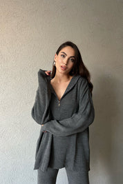 Antrasit Fermuarlı Fitilli Oversize Kazak ve Pantolon Takımı SY-1257-Antrasit