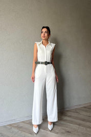 Ekru Kemer Detaylı Tulum SY-1974-Ekru