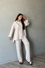 Bej Oversize Free Gömlek Pantolon Takım SY-2138-Bej
