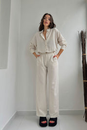 Bej Belden Pens Dikişli Bol Paça Gömlekli Keten Takım SY-0357-Bej