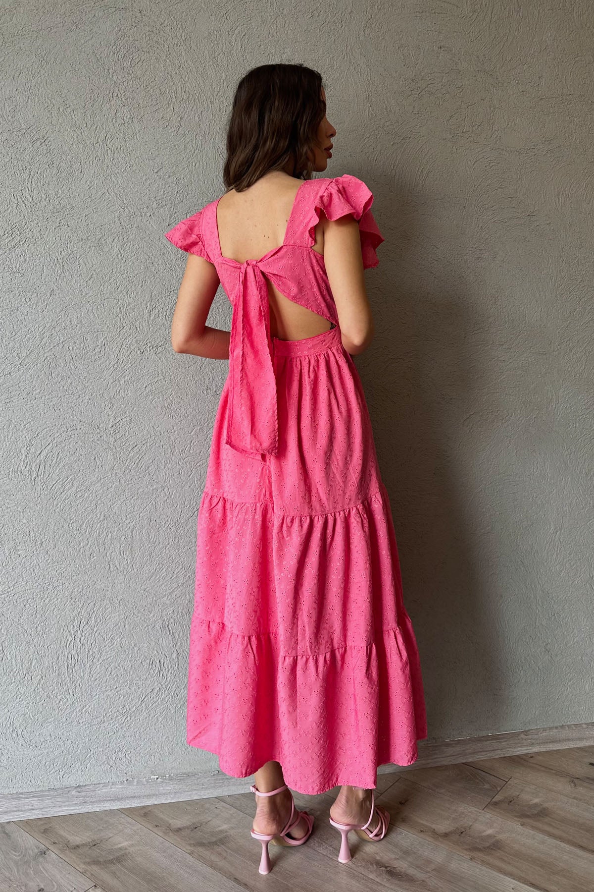Fuşya Kolları Fırfırlı Sırtı Bağlama Detay Brode Elbise SY-0386-Fuşya