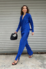 Saks Mavisi Yırtmaçlı Fitilli Kadın Gömlekli Oversize Takım SY-0092-Saks Mavisi