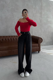 Kırmızı Sakallı Kayık Yaka Triko Kazak SYM-3426-Kırmızı