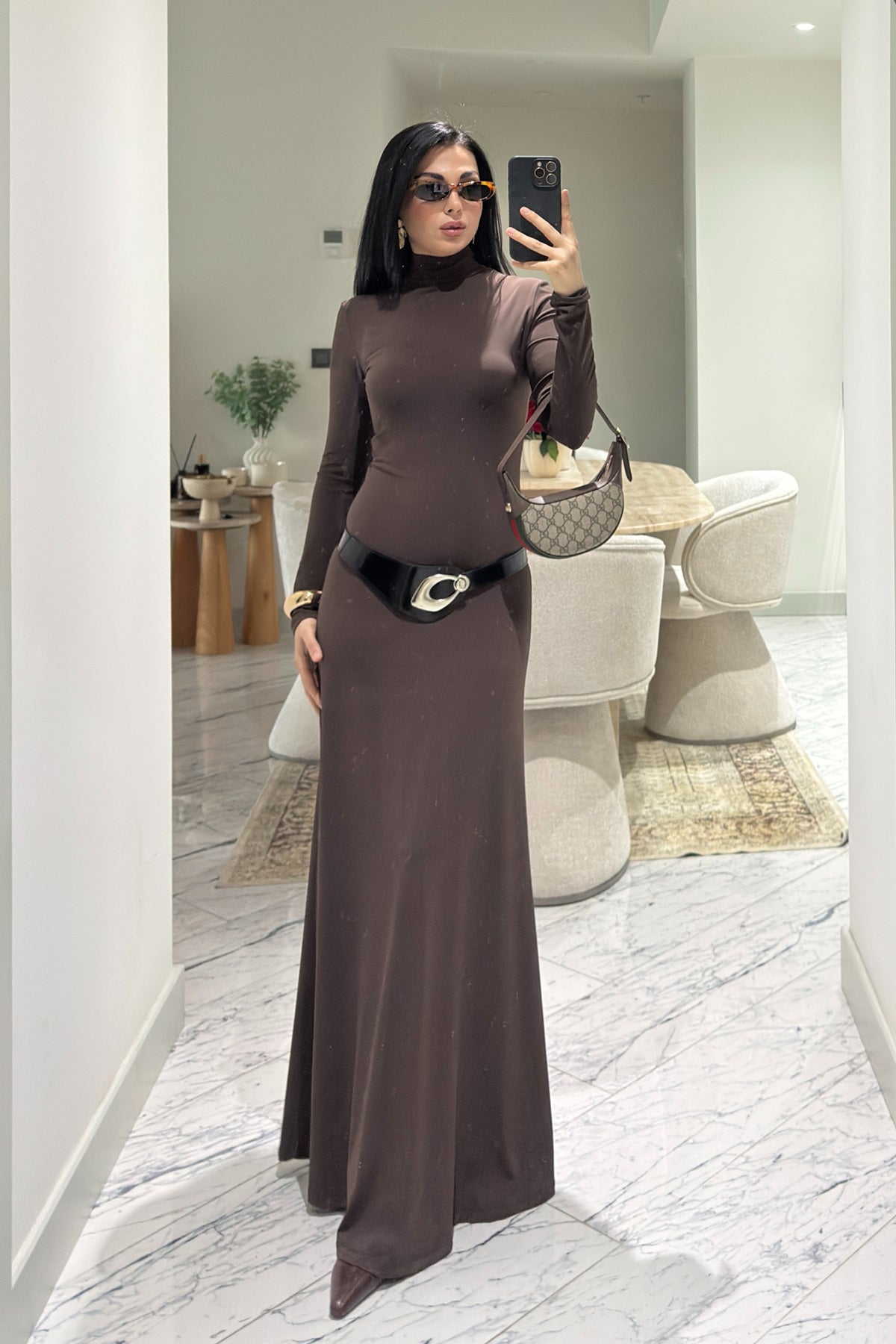 Kahve Kemer Detaylı Maxi Basic Elbise SY-3618-Kahverengi