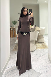 Kahve Kemer Detaylı Maxi Basic Elbise SY-3618-Kahverengi