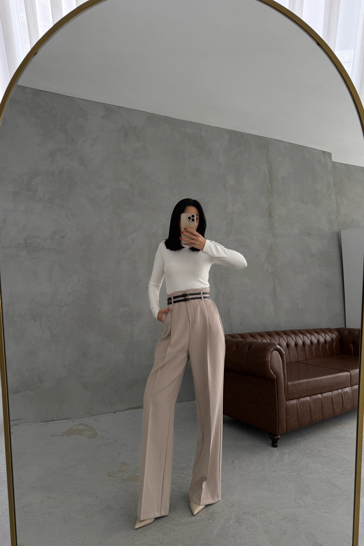 Bej Çift Kemerli Premium Palazzo Pantolon SY-3471-Bej