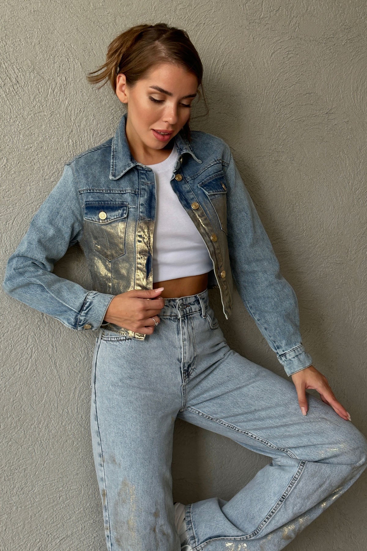 Önü ve Arkası Gold Parlak Kumaş Detaylı Kot Ceket SY-1101-Mavi