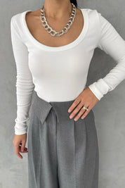 Uzun Kollu Fitilli Derin Bisiklet Yaka Beyaz Body SY-3412-Beyaz