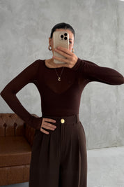 Kayık Yaka Kaşmir Kahve Transparan Body SY-3425-Kahve