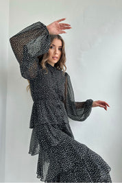 Siyah Puantiyeli Volanlı Şifon Kat Elbise SY-0087-Siyah