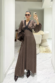 Kahve Puantiyeli Dantelli Saten Elbise SY-3579-Kahverengi