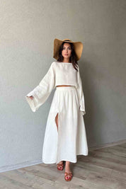 Bej Geniş Kol Detaylı Eteği Yırtmaçlı Müslin Takım SY-1905-Bej