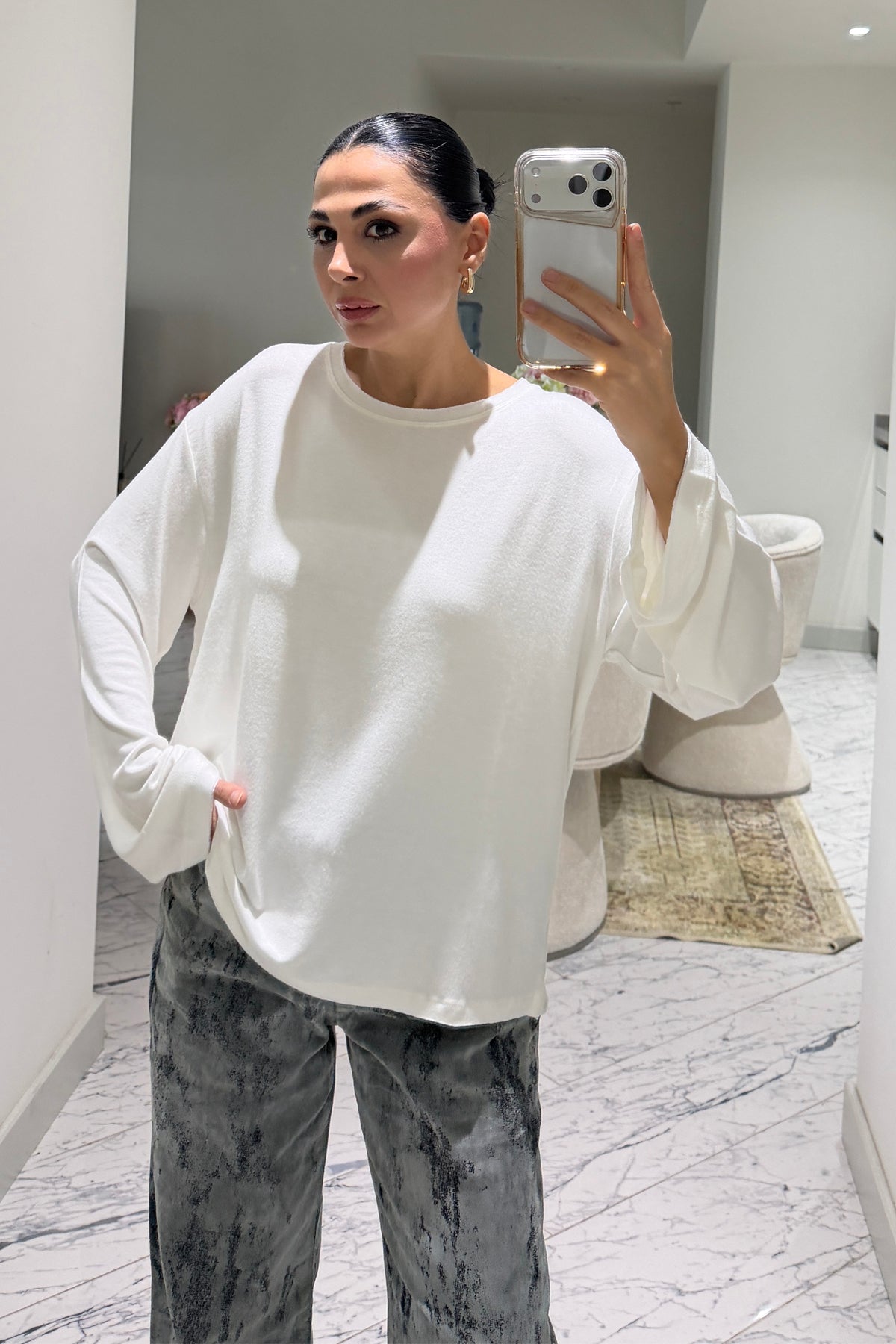 Ekru Bisiklet Yaka Oversize Basic Bluz SY-3899-Ekru