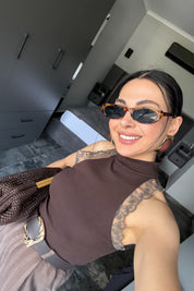 Kahve Balıkçı Yaka Güpür Detaylı Triko Bluz SY-3712-Kahverengi