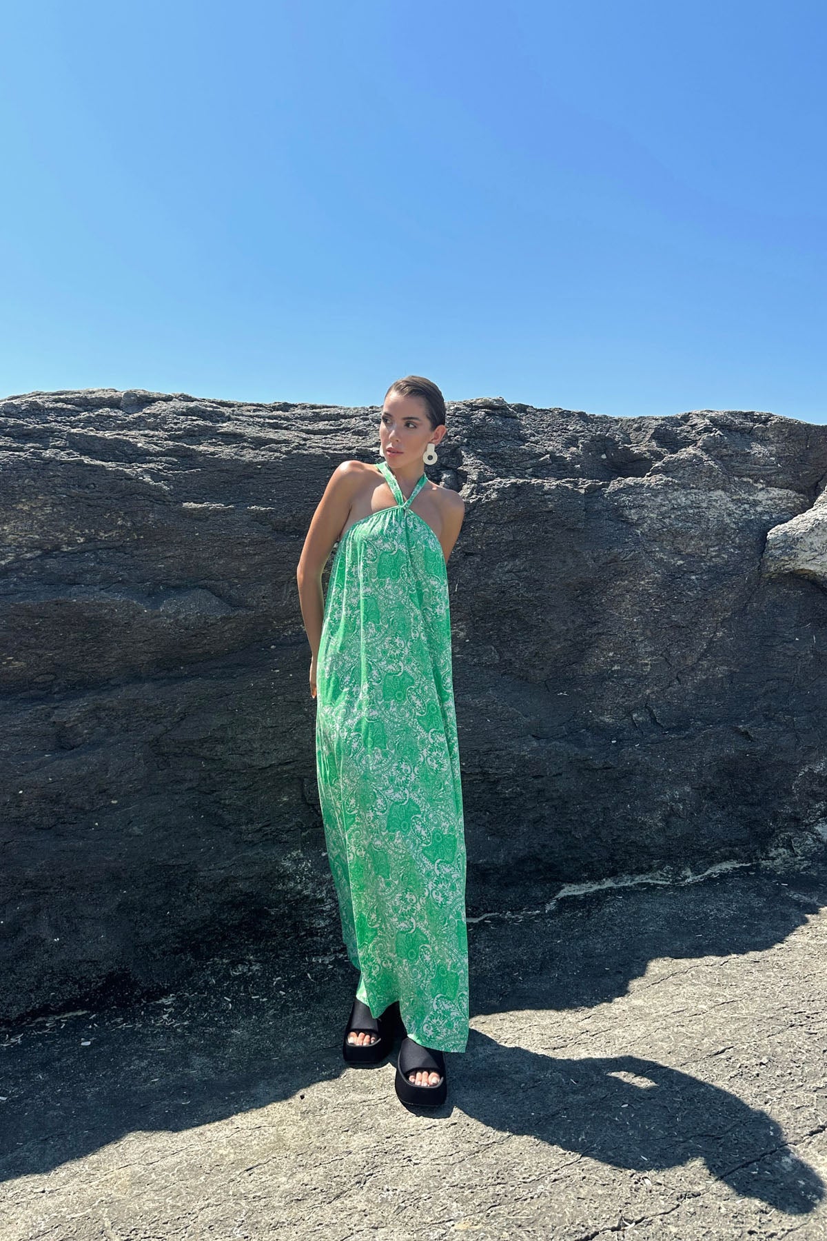 Yeşil Çapraz Yaka Salaş Midi Elbise SY-0782-Yeşil