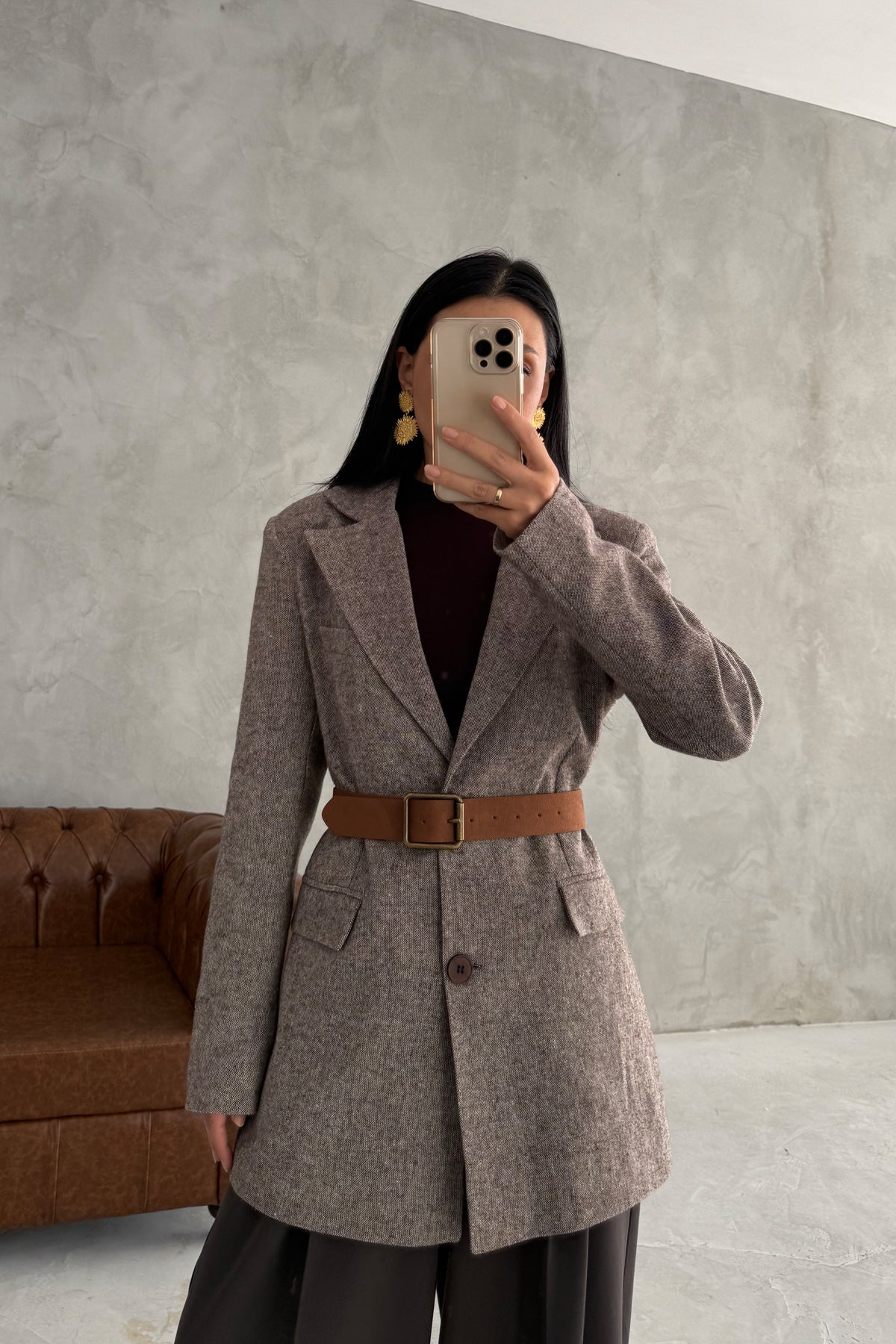 Vizon Kemerli Çift Düğmeli Oversize Ceket SY-3391-Vizon