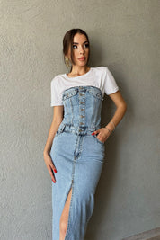 Buz Mavisi Önü Düğme ve Yırtmaç Detay Straplez Elbise SY-0470-Buz Mavisi