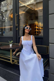 Kadın Beyaz Korse Görünümlü Poplin Midi Elbise SY-3157-Beyaz