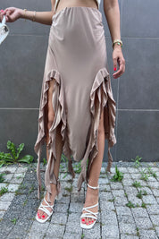 Kahve Derin Yırtmaçlı Fırfır Detay Etek SY-0702-Kahve