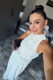 Beyaz Halter Yaka Maxi Davet Elbisesi Ön Drapeli SY-3782-Beyaz