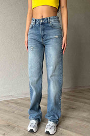 Mavi Eskitme Point Yırtık Detaylı Wide Leg Jean SY-2002-Mavi