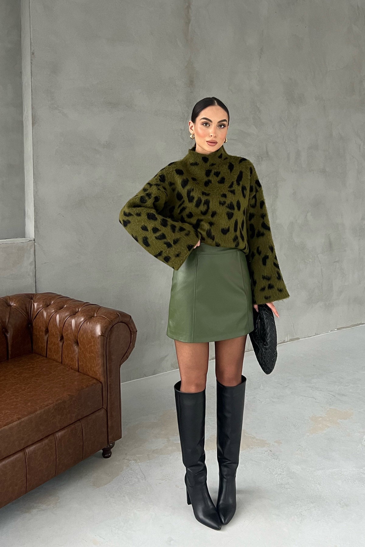 Haki Trapez Mini Deri Etek SY-2794-Haki