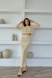 Krem Delikli Triko Bluz ve Etek Takım SY-0482-Krem