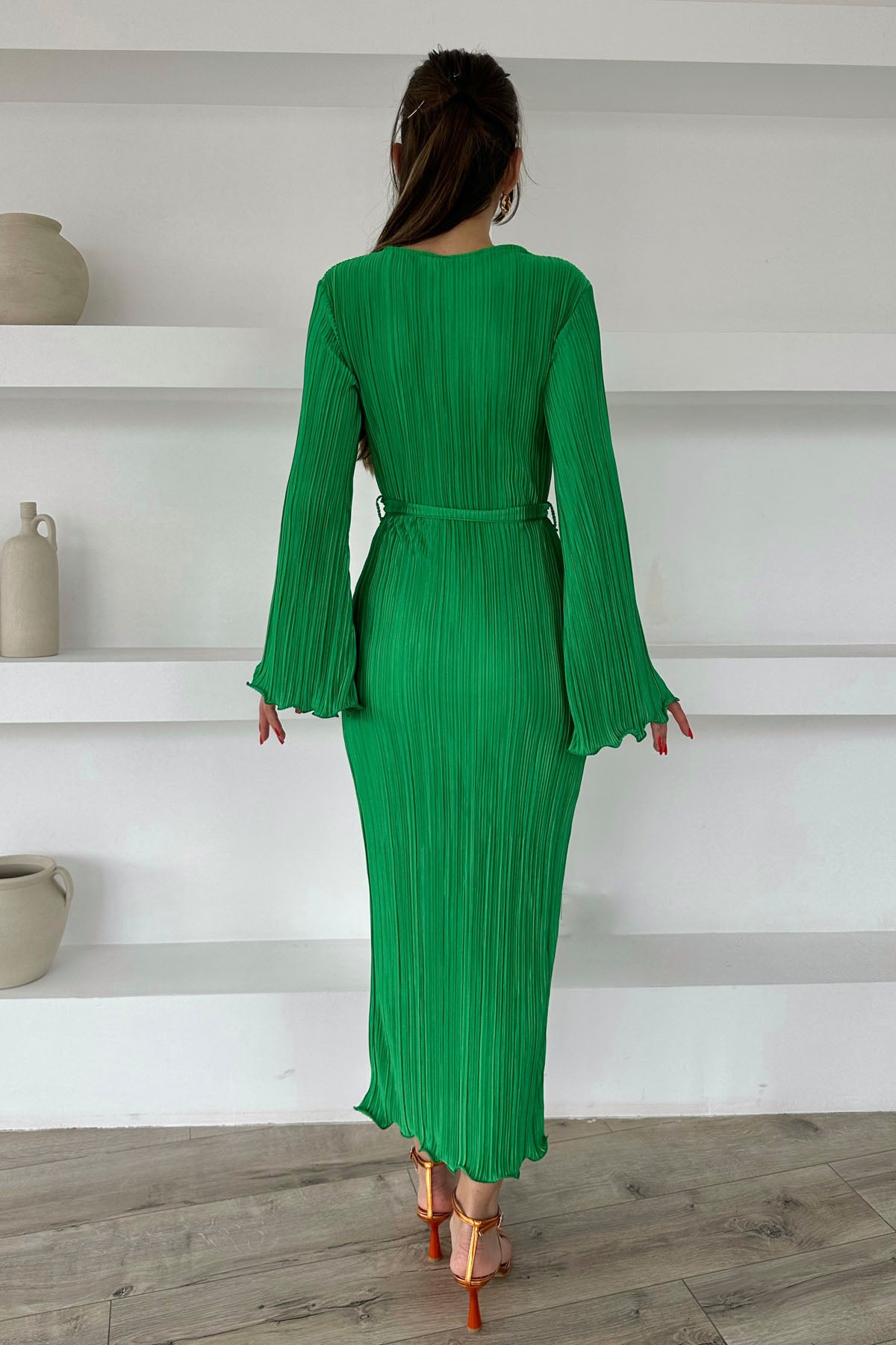 Çimen Yeşili İspanyol Kol Piliseli Kuşaklı Elbise SY-0088-Çimen Yeşili