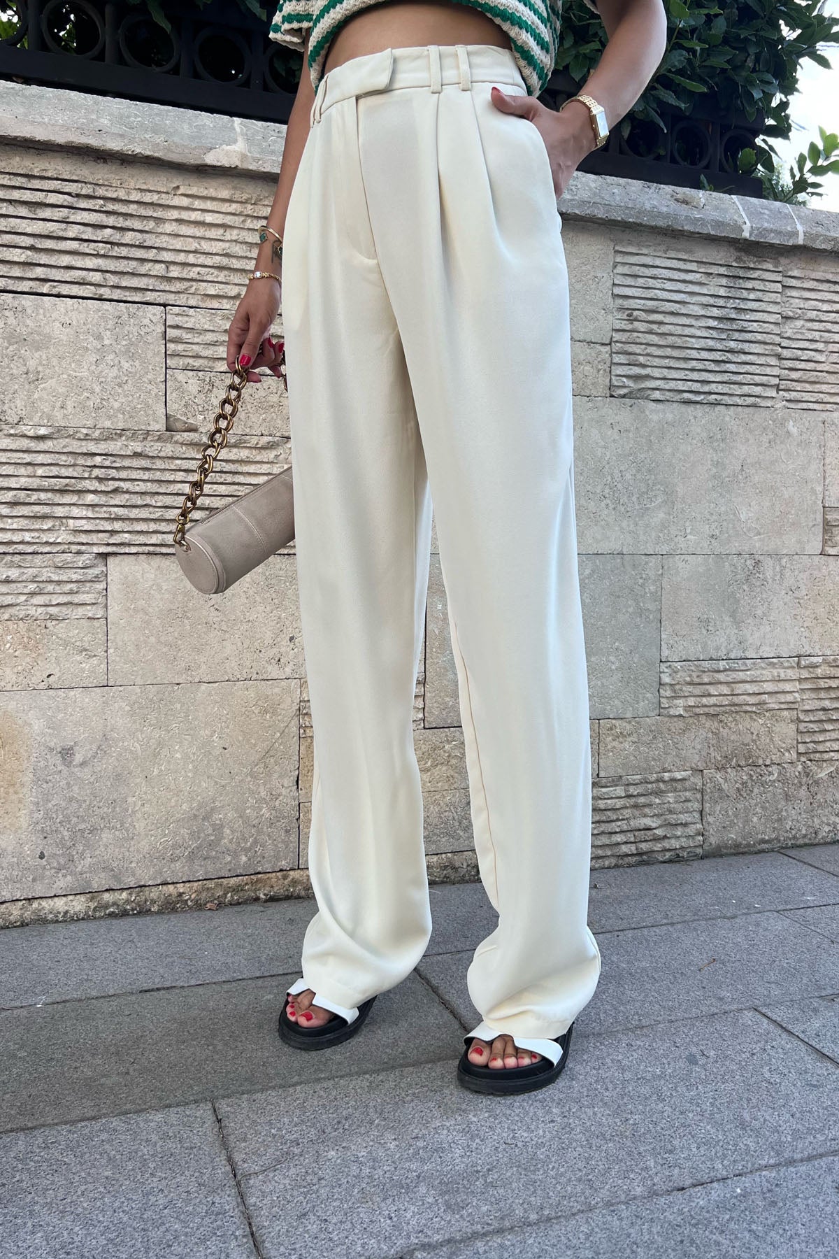 Krem Yüksek Bel Pileli Palazzo Pantolon SY-0559-Krem