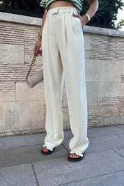Krem Yüksek Bel Pileli Palazzo Pantolon SY-0559-Krem