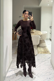 Kahverengi Kadife Çiçek Desenli Asimetrik Etek SY-3530-Kahverengi