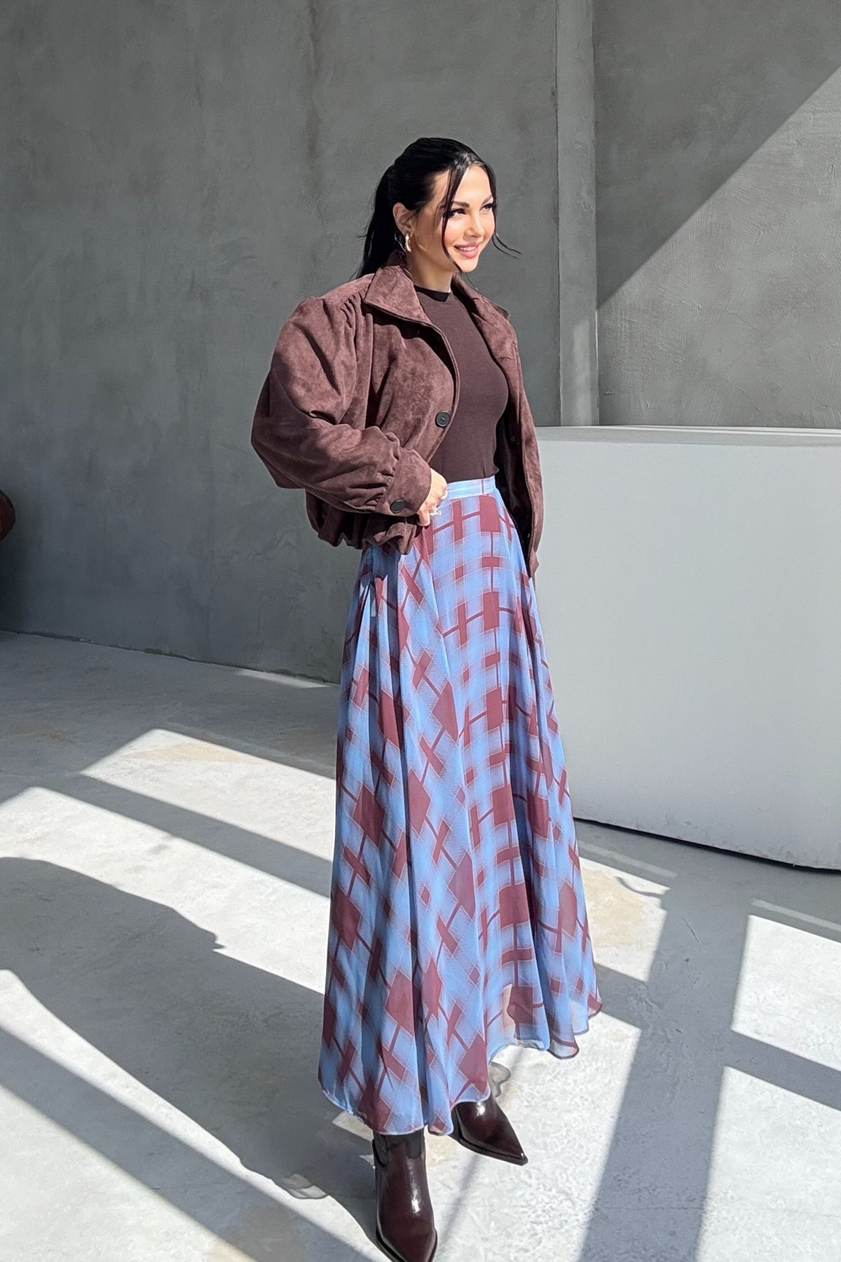 Mavi Ekose Desenli Şifon Etek SY-3443-Mavi