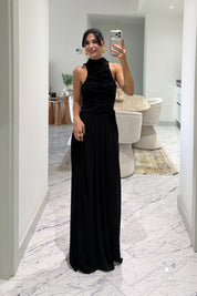 Siyah Halter Yaka Maxi Davet Elbisesi Ön Drapeli SY-3782-Siyah