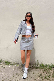 Gri İnci Detaylı Denim Etek Ceket Takım SY-1976-Gri