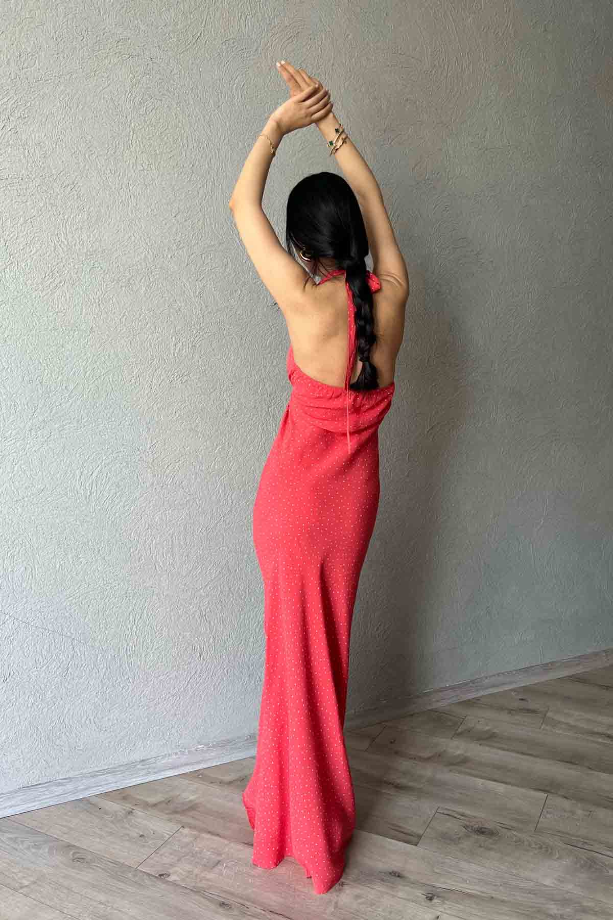 Kırmızı Puantiyeli Boyundan Bağlama Detaylı Elbise SY-2033-Kırmızı