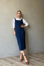 Koyu Mavi Arkadan Yırtmaç Detaylı Denim Kalem Elbise SY-1273-Koyu Mavi