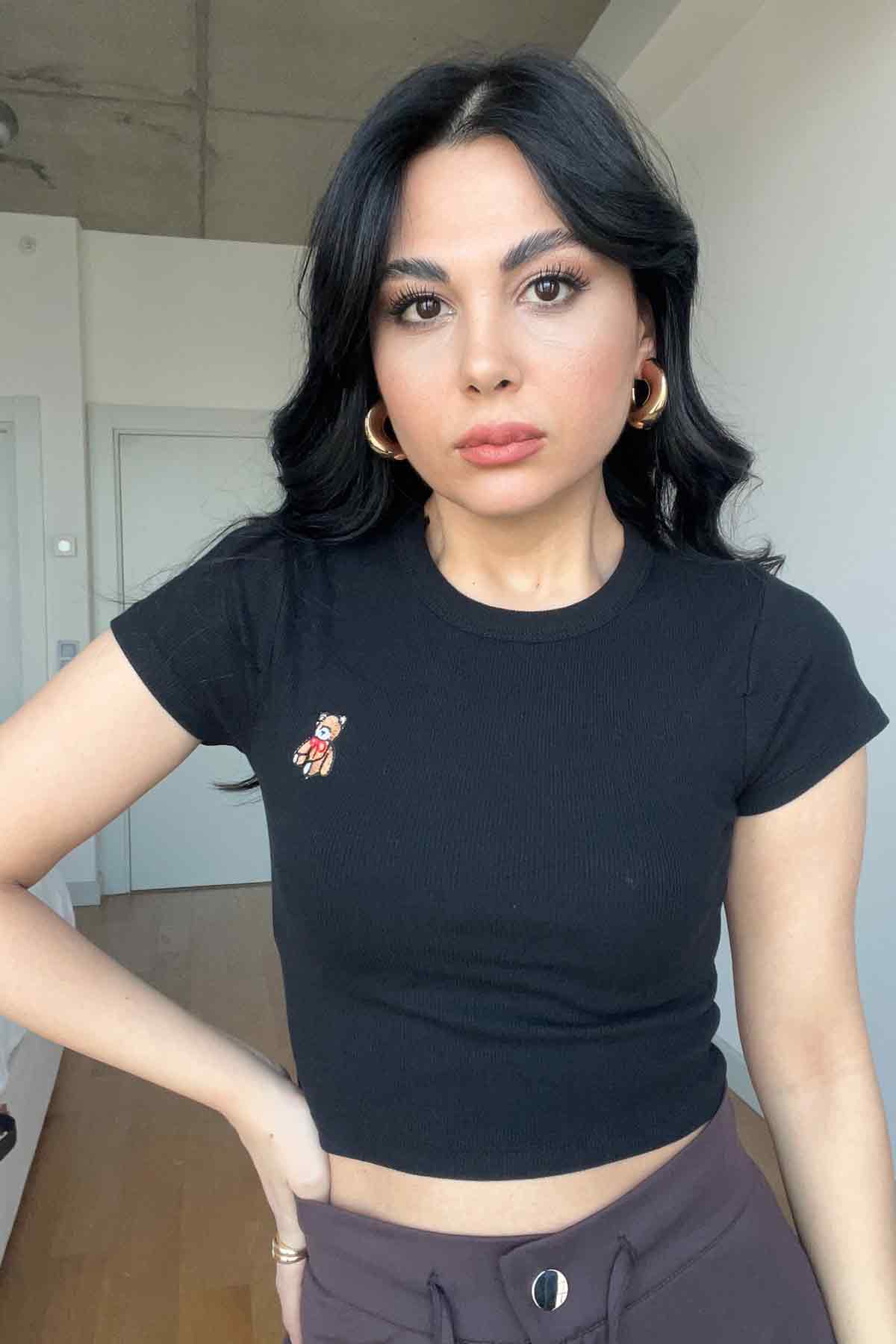 Siyah Ayıcık Nakışlı Crop SY-2971-Siyah