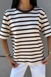 Bej Kahve Çizgili Pamuklu T-shirt SY-3313-Bej