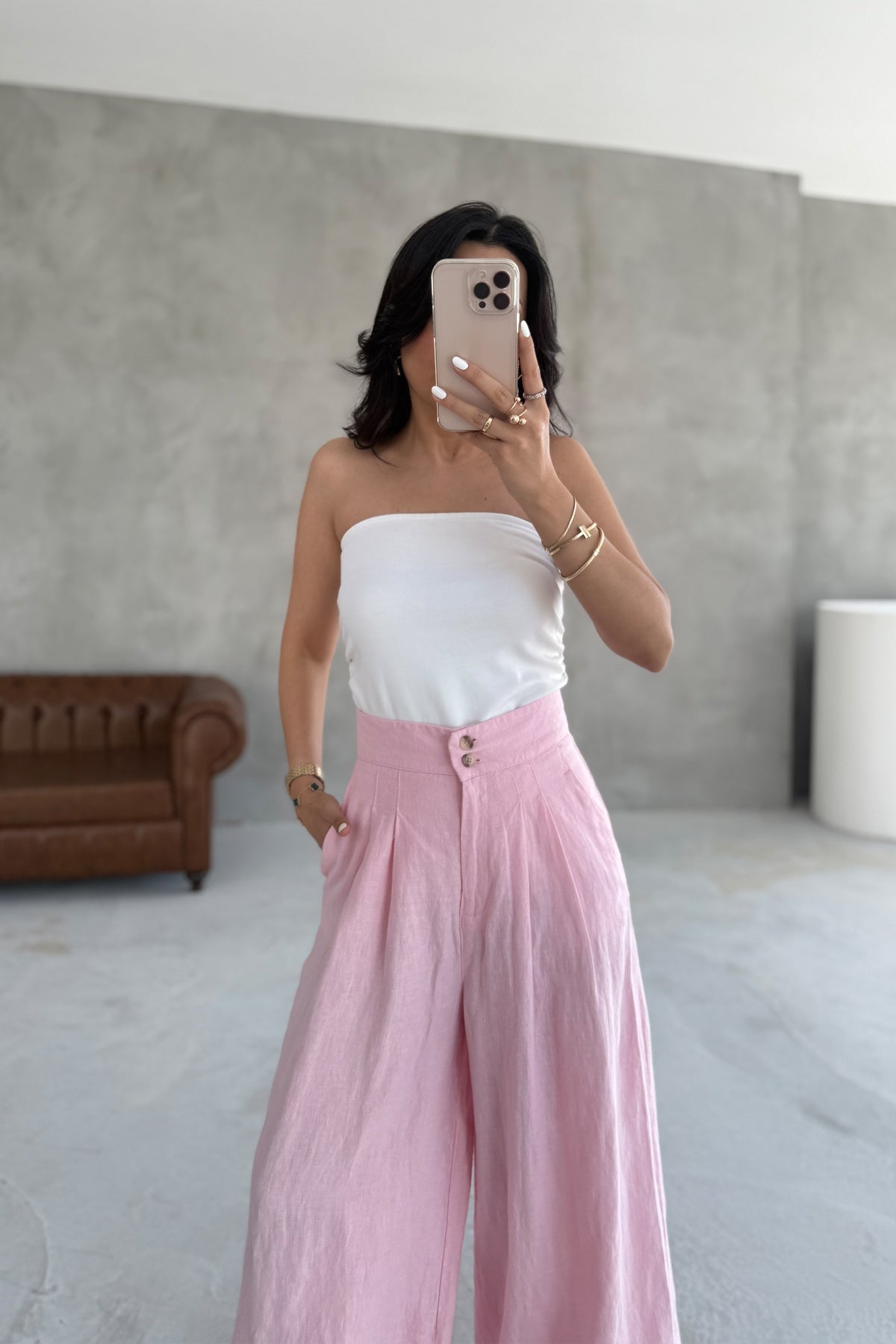 Pembe Çift Düğmeli Keten Pantolon SY-2228-Pembe