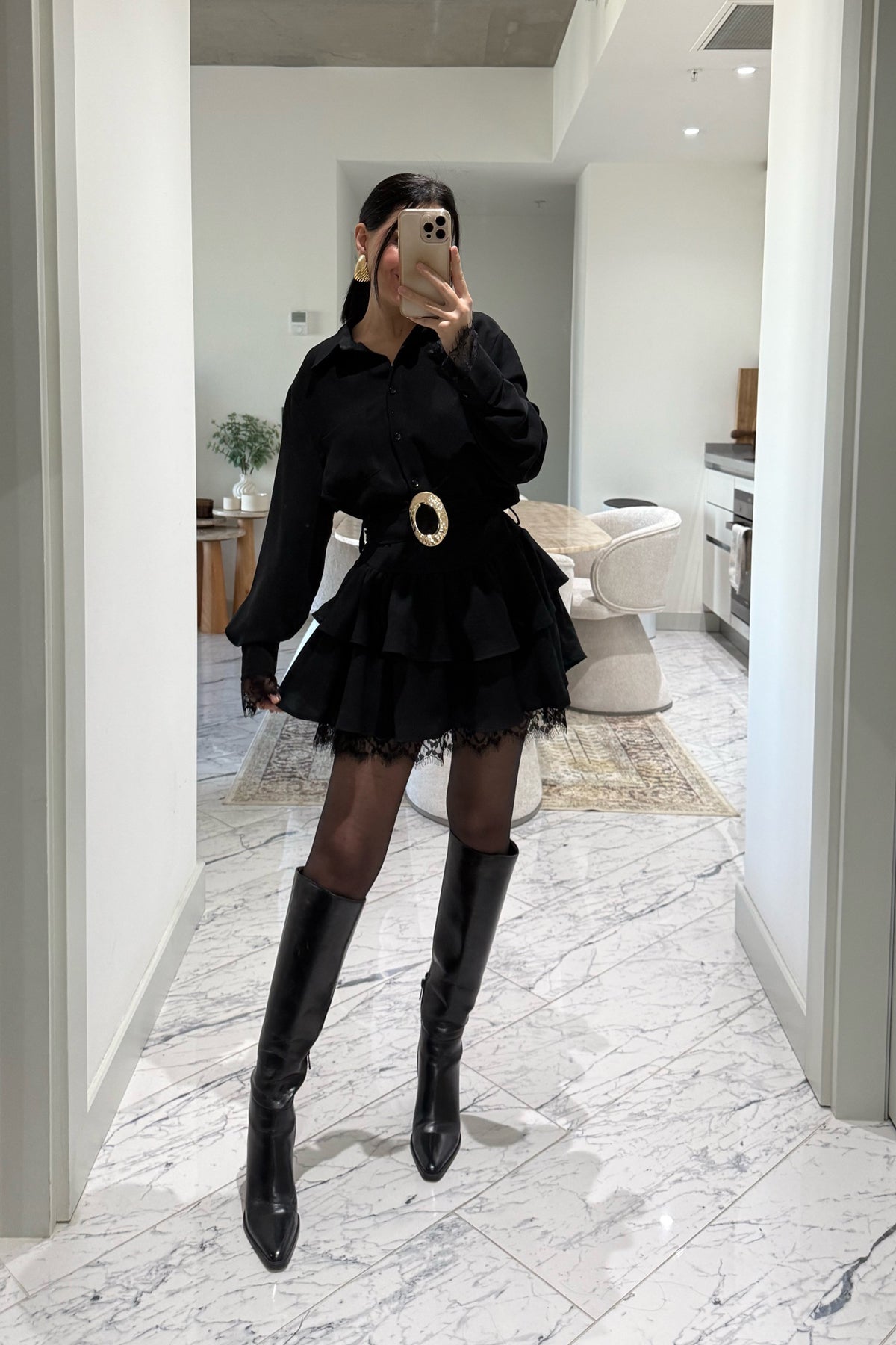 Dantel Detaylı Kemerli Siyah Mini Elbise SY-3490-Siyah