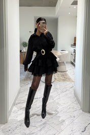 Dantel Detaylı Kemerli Siyah Mini Elbise SY-3490-Siyah